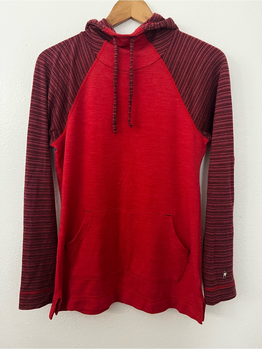 Smartwool Women’s Raglan Merino Red Hooded Pullover Sweater with Striped Sleeves